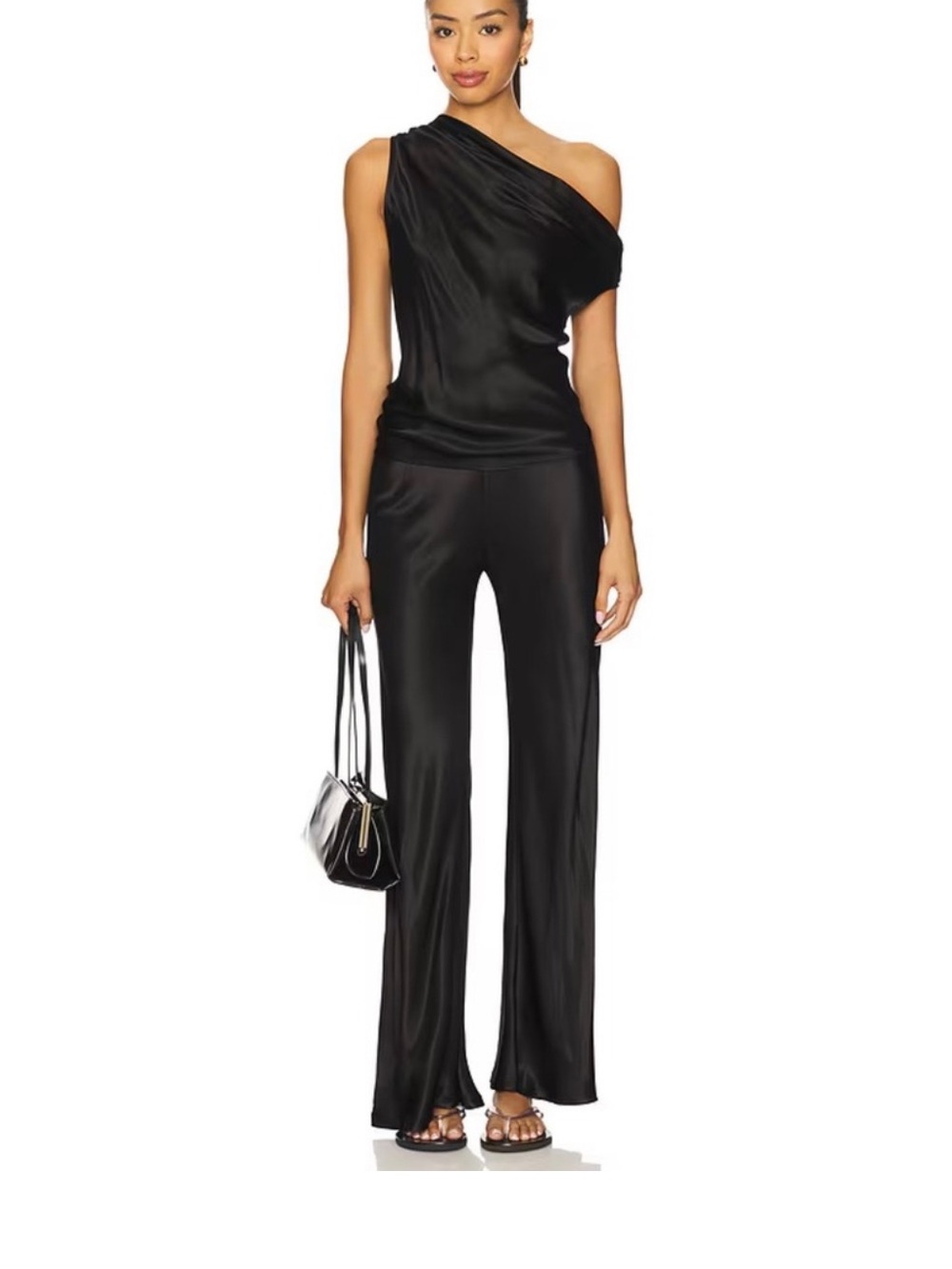 ENZA COSTA Satin Bias Pants Womens Small Black Wideleg Flare Flat Front Pull on